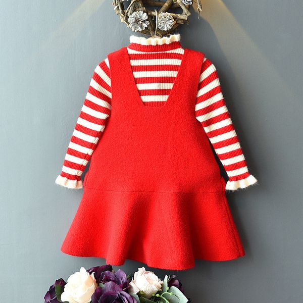 

хлопок девочка милый длинный рукав полосатый печати свитер осень блузка + ремень платье повседневная одежда набор, White