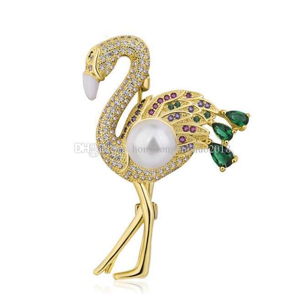 

micro inlaid zircon crystal freshwater pearl flamingo boutonniere pin animal corsage luxury lover gift, Gray