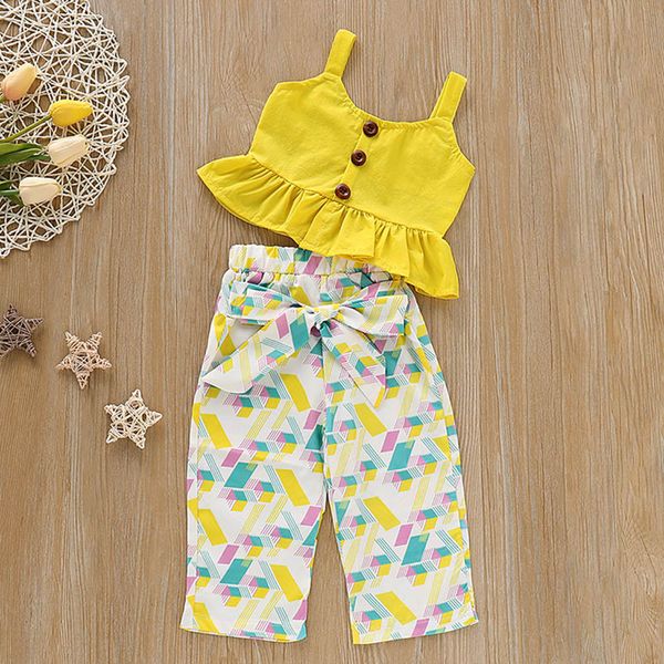 

2019 new baby girl two-piece set yellow button printed long pants outfits summer clothes, White