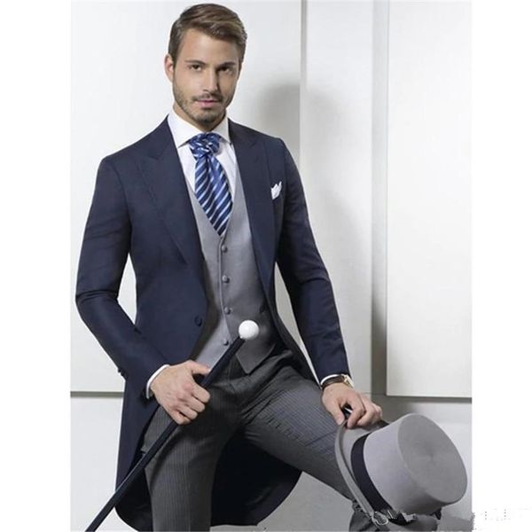 

custom made classic design navy blue tailcoat groom tuxedos men's wedding suit prom clothing men suits (jacket+pants+vest), Black;gray