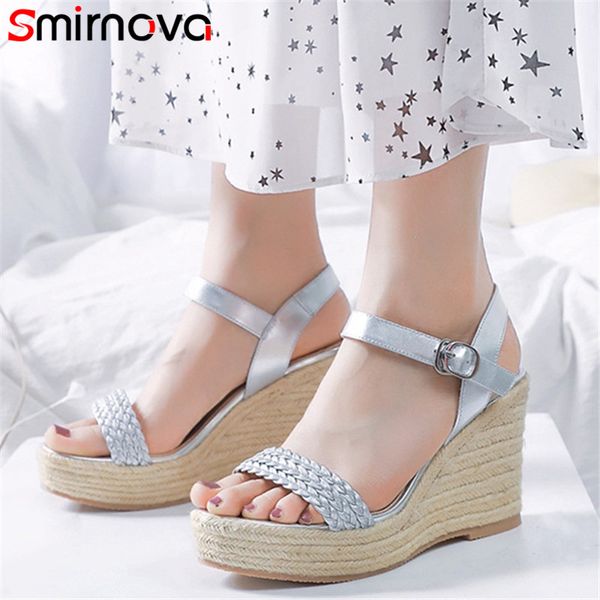

smirnova 2020 9cm high heel casual party shoes women sandals genuine leather rope wedges platform sandals woman, Black