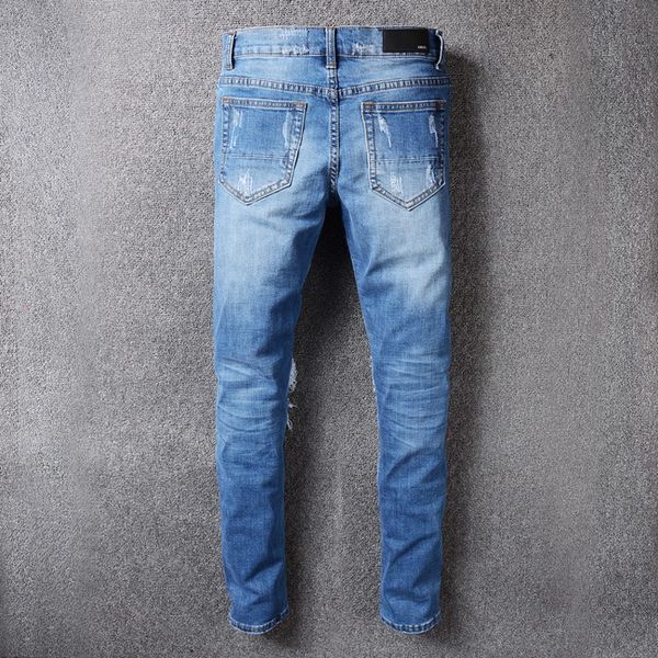 

slim fit distressed jeans fashion brand straight casual full length pants denim trousers vetements plus size 42, Blue