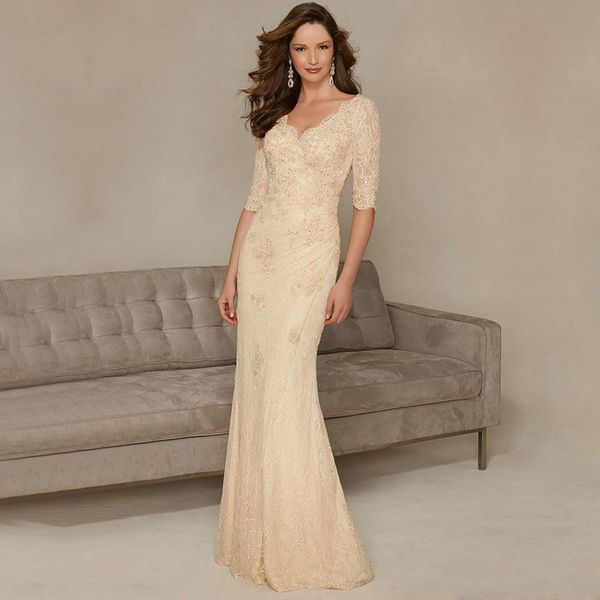 

elegant champagne mother of the bride dresses 2019 mermaid v neck lace formal evening dresses with beaded half sleeve long party gowns, Black;red