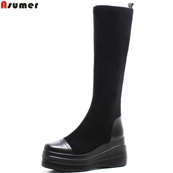 

asumer black fashion winter new ladies shoes round toe platform wedges boots stretch fabric+cow leather knee high boots