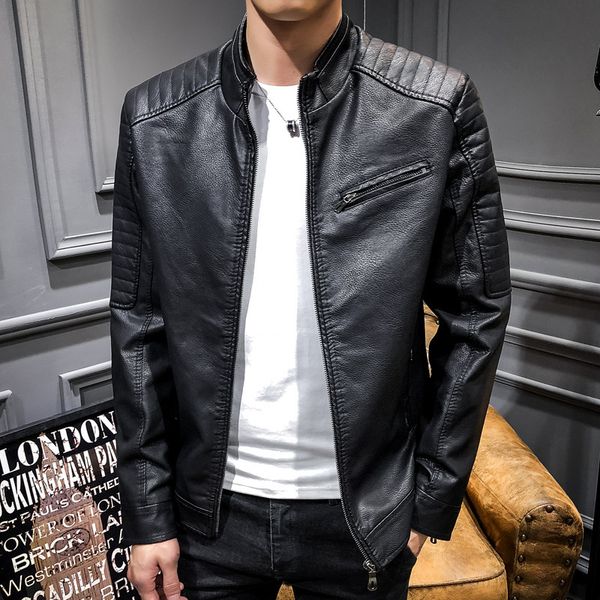 

2019 новая мода осень мужской кожаные куртки plus black mens стенд воротник пальто кожа biker куртки пальто t76