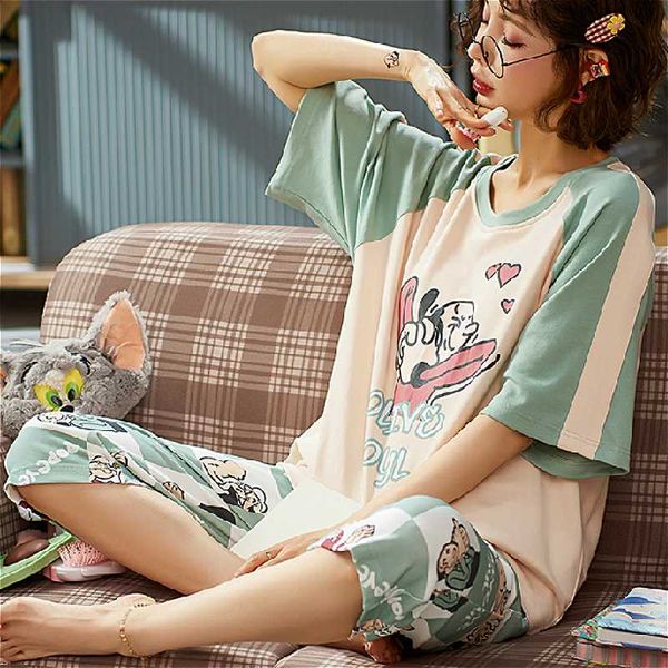 

colenfaish women's cotton pajamas fashion ladies summer thin short sleeve cute cartoon character printing sweet women sleepwear, Black;red