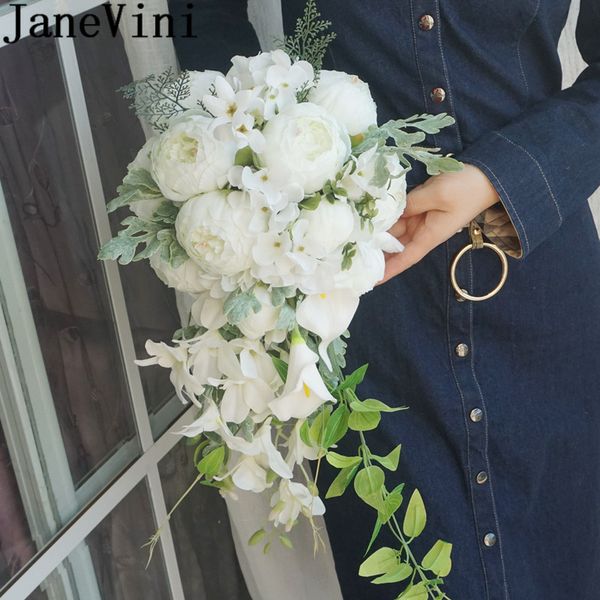 Acheter Janevini Artificielle Bouquet De Mariée Cascade Style Blanc Bouquet De Mariage De Demoiselle Dhonneur église Fleurs De Mariage Mariée En Soie