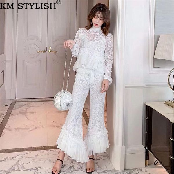 Early Spring Lace Celebrity High Neck Chiffon Ruffled Lace Shirt Top + High Waist Tassel Flare Pants Black and White Women' Sets