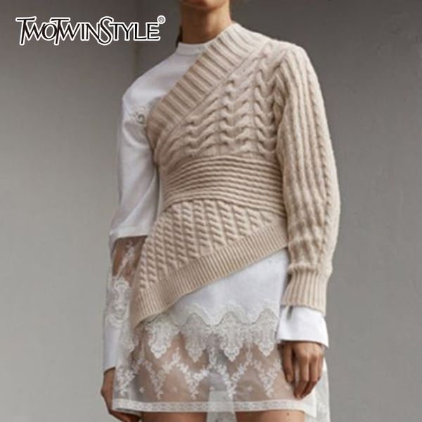

twotwinstyle off shoulder women's knitwear big size long sleeve asymmetric hem pullover female autumn casual fashion 2019 autumn, White;black