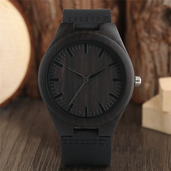 

unique full black men's ebony wood watch luxury gifts light bamboo analog quartz wristwatch leather strap reloj de madera, Slivery;brown