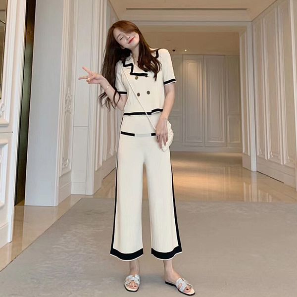 

two piece dress women summer knitted turn down collar short sleeve double-breasted cardigan + wide leg pants 2 pieces clothing set suit, White