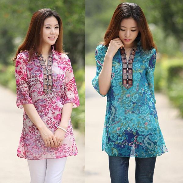 

wholesale explosion models women's ethnic style loose printed mid-sleeved chiffon shirt s-5xl sunscreen shirt, White