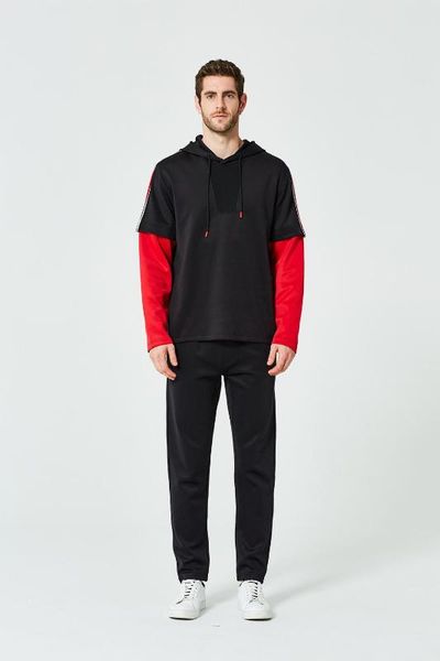 

hoodies suit for young students contrast fake two-piece striped hooded sweatshirt solid color sports trousers patchwork hoodies, Gray