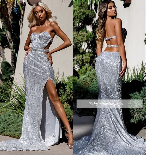 

2019 new silver sequins prom evening dresses backless mermaid formal party dress high slit sheath pageant gown custom made, Black