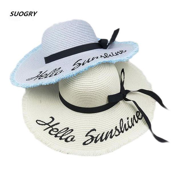 

2018 personalized letter embroidery hello sunshine fringed beach hat summer straw hat for women honeymoon nautical floppy, Blue;gray