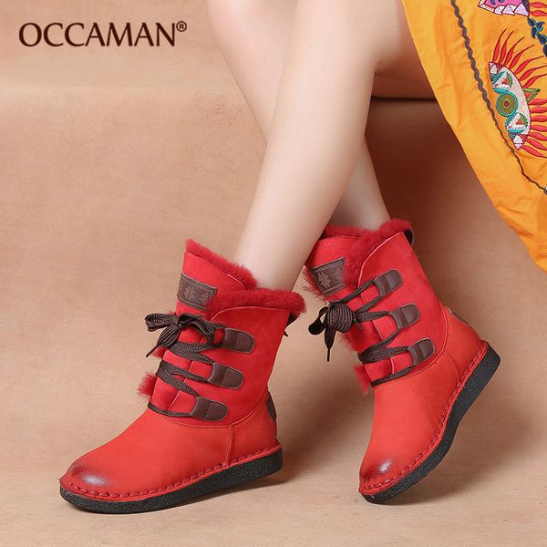 

occaman winter new original warm wool round toe snow boots leather lace up low flat boots 16148, Black