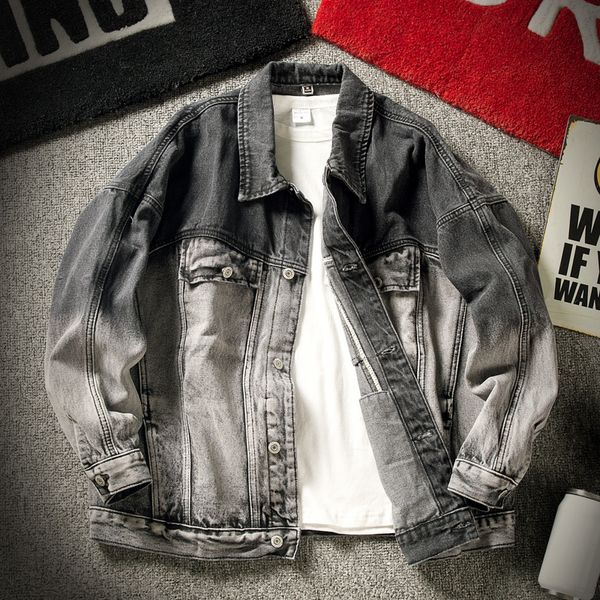 

осень новая джинсовая куртка мужская мода мыть градиент ретро джинсовая куртка человек уличная дикий хип-хоп свободный бомбардировщик s-2xl, Black;brown