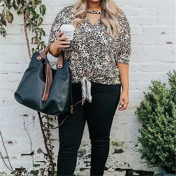 

2019 fashion women casual three quarter sleeve spring t-shirt leopard print summer tee femme ladies v cut neck plus size 4xl, White