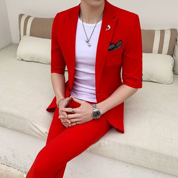 

men's two-piece suit set summer trend thin leisure suit slim leggings solid color set seven sleeve plus nine pants, White;black