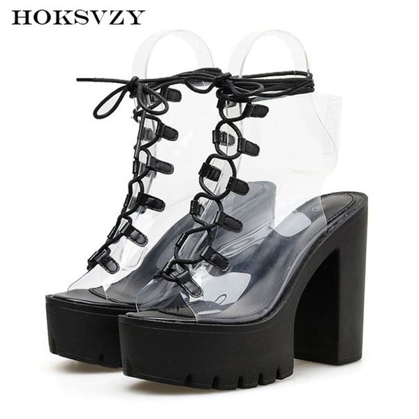 

2019 12.5cm heels high-heeled short boots transparent sandals thick-heeled thick-soled water-proof platform boots jxq-9018-3, Black