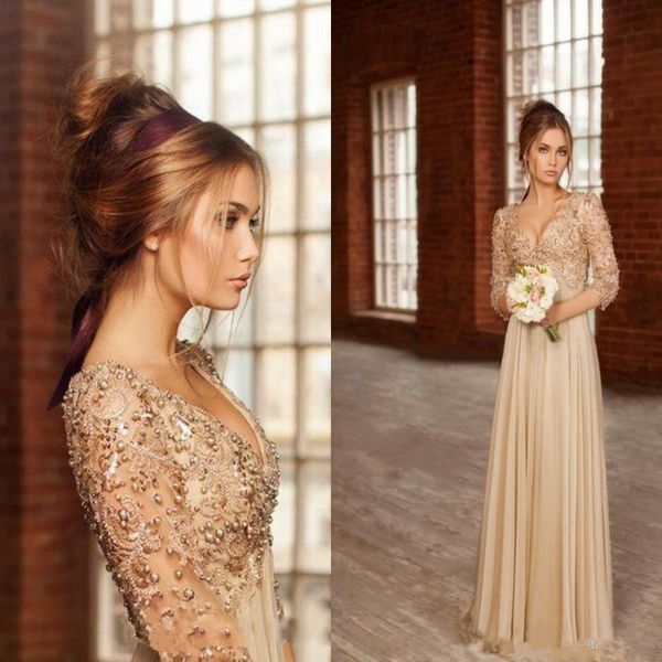 

2019 new party dresses fashion elegant 3/4 long sleeves prom dresses beading chiffon evening gowns vestidos de fiesta a58, Black