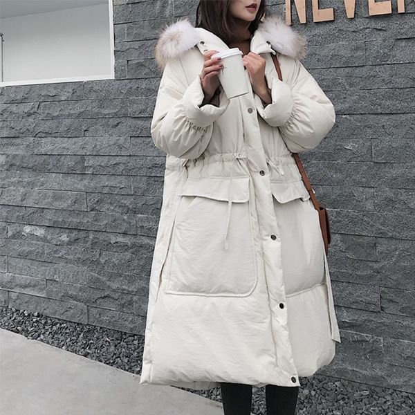 

winter jacket women 2019 real raccoon fur collar 90% white duck down long parka warm jacket female hooded loose women down coat, Black