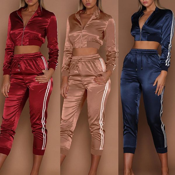 

calofe women tracksuit white striped running set sportswear long sleeve zipper crop high waist pants fitness jogging set, White;red