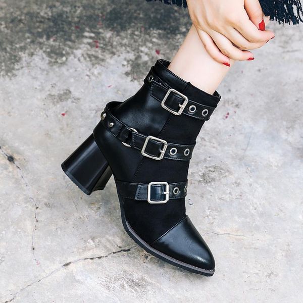 

trend three belt buckle short boots sharp thick boots with high with, Black