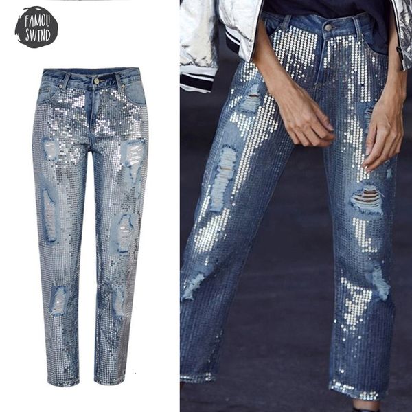 

2019 jeans sequins summer ladies mom high waist vintage woman denim boyfriend pants female ripped jeans for women trousers, Blue