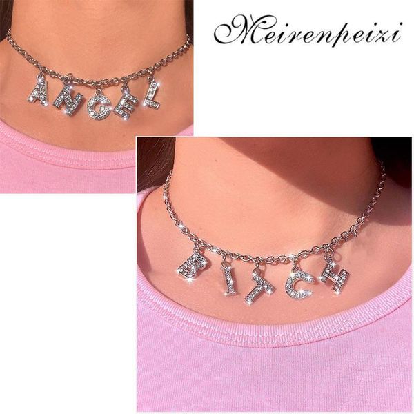 

bling harajuku style crystal angel necklace for women jewelry gift customize 26 letter necklace daddy choker punk collier, Silver