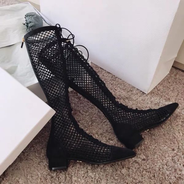 

air mesh breathable hollow women boots summer sales over the knee ankle boots british style mid block heeled zipper, Black