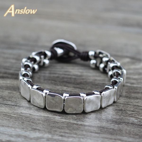 

anslow new punk rock bijoux fashion jewelry vintage antique silver plated leather bracelet for women men gift low0709lb, Golden;silver