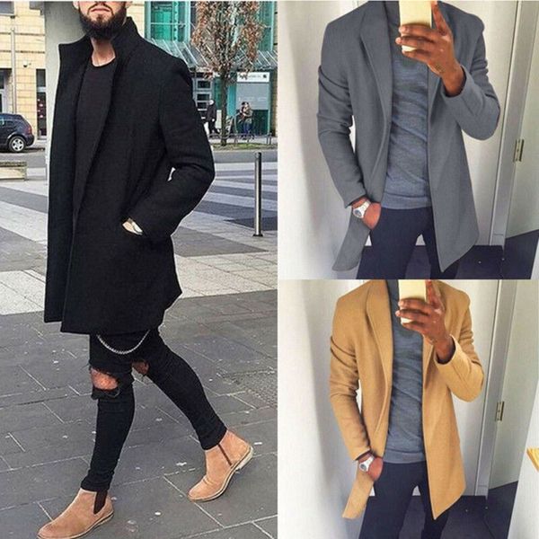 

men wool blends coats autumn winter new solid color men's wool coats luxurious blends coat male windbreaker, Black