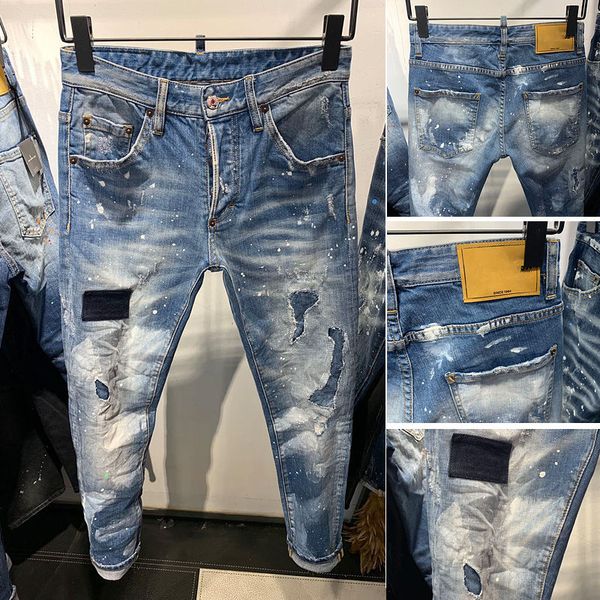 

mens luxury designer denim jeans icon black ripped pants pour hommes biker motorcycle rock revival fashion italy brand men #889, Blue