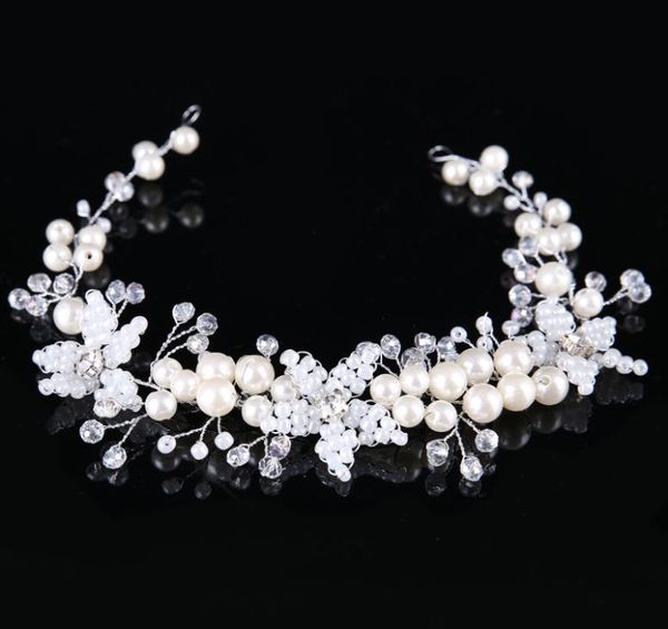 

new bride handmade pearl flower hair band crystal headdress wedding dress accessories hair band bridal jewelry, Silver