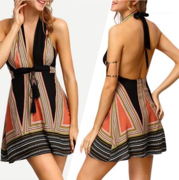 

women dresses backless ethnic printed halter sleeveless dark v neck dresses fashion women casual dresses vintage style designer, Black;gray