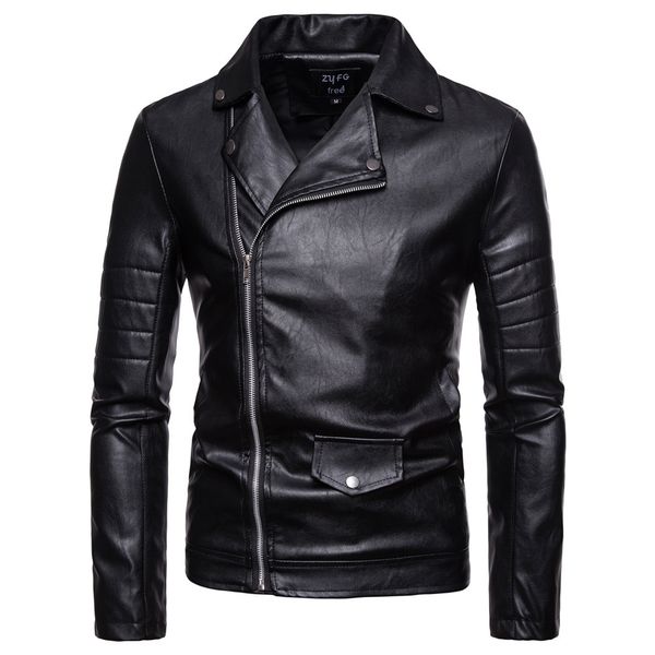 

men's wear осень 2018 новый стиль кожаное пальто slim fit повседневный мужчин черный и белый с рисунком zipper fly pu кожаный пиджак, Black