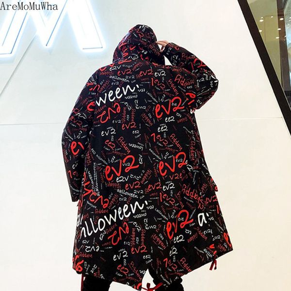 

aremomuwha new hip hop personality pull the wind long hooded windbreaker male letters graffiti printing loose coat jacket qx1202, Tan;black