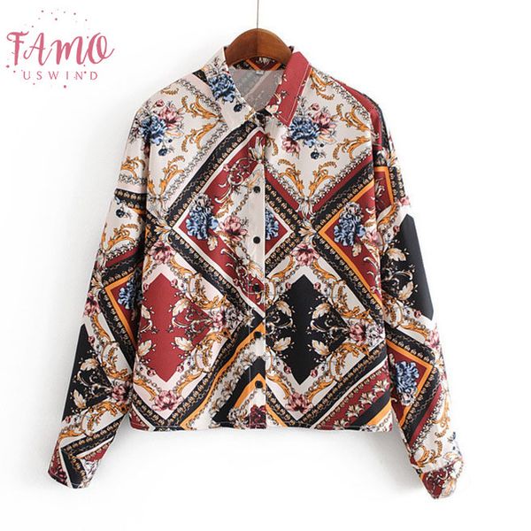 

women blouses print geometric pattern long sleeve shirt loose stand collar business casual femininas blusas, White