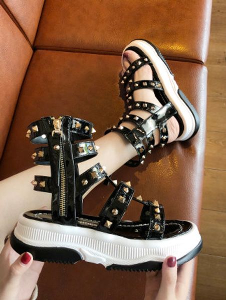 

summer net red candy-colored patent leather rivets thick heel wedge heels roman open-toed sandals women's shoes tide, Black