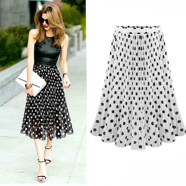 

2019 new wild skirt for womens polka dot pleated casual loose high waist midi skirt flared skater swing holiday jupe femme 42, Black