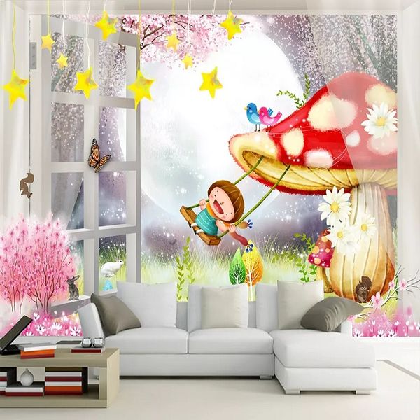 

new custom large mural 3d wallpaper fake window mushroom girl swing children's bedroom mural tv back wall decor deep 5d embossed