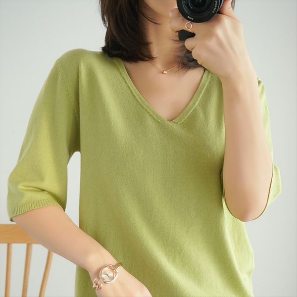 

summer 2020 v-neck base female half sleeve slim western shirt shirt style knitted inner base, White