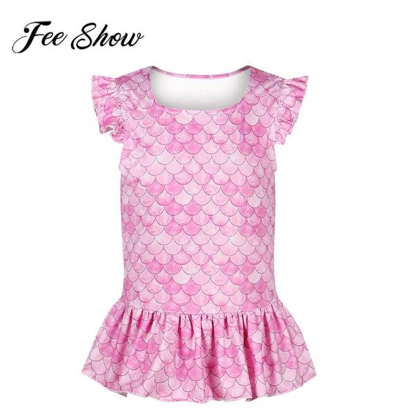 

summer new kids girls mermaid cosplay costume set 3d fish scale ruffled t-shirt short sleeve round neck peplum skirt