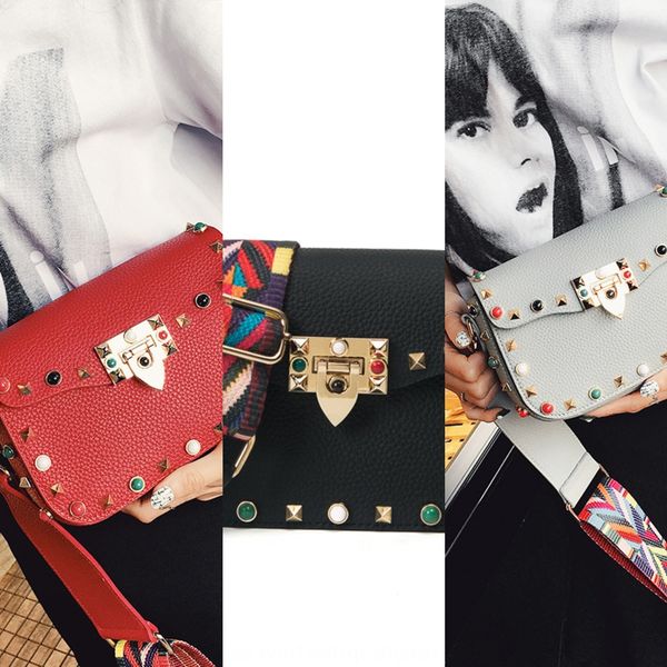 

women's 2019 color wide shoulder strap women's turquoise rivet all-match fashion small square bag shoulder strap small square bag, White