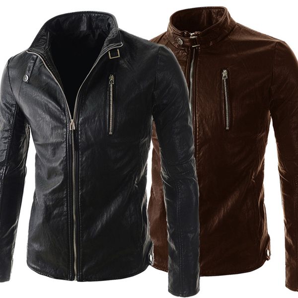 

men leather jackets with vertical collar clothes with zipper decoration men's pu leather clothes fashion short clothing, Black
