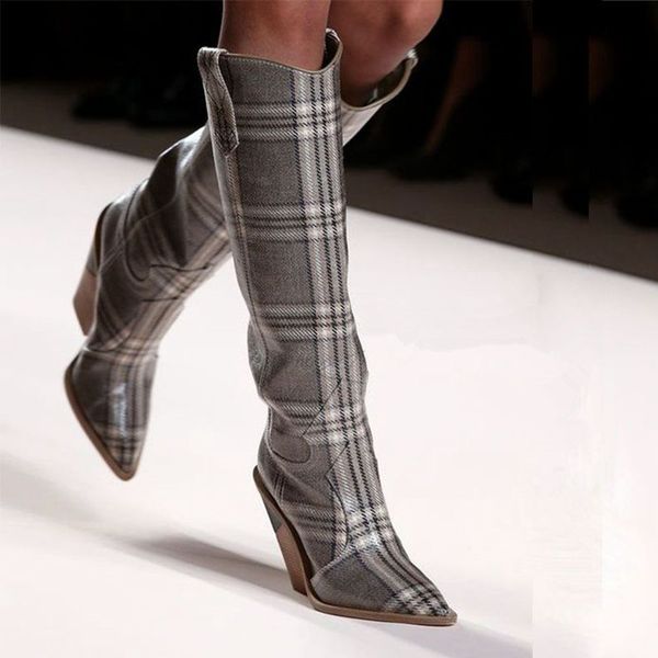 

boots catwalk leather knee high women pointy toe embossed cowboy wedges coated-canvas, Black