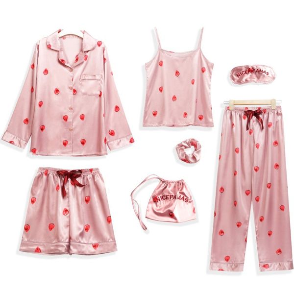 

freshing summer imitate real silk printing strawberry 7cs set pajamas woman long sleeve sweet sleepwear, Blue;gray