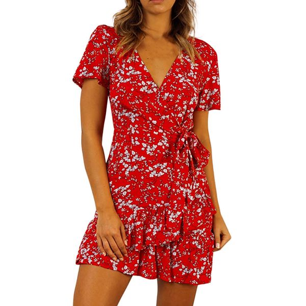 

summer party dress women vintage floral v neck ruffle wrap dresses woman red short sleeve beach dress women clothes 2019, Black;gray