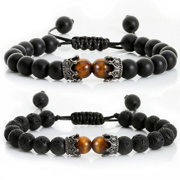 

8mm tiger eye stone bracelet braided rope adjustable natural lava bead charm healing crown distance yoga bracelets for men woman, Black